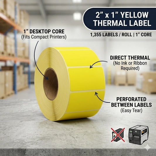 Single roll of 1,355 bright yellow 2x1 inch direct thermal labels on a 1-inch core for desktop printers.