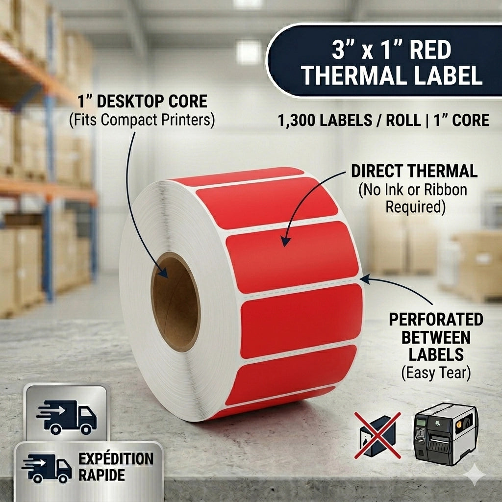 Single roll of 1,300 high-visibility red 3x1 inch direct thermal labels on a 1-inch core for desktop printers.
