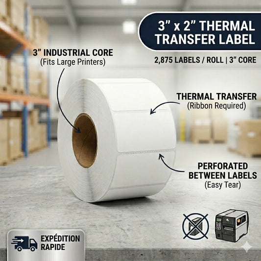 Industrial-sized roll of 2,875 white 3x2 inch thermal transfer labels on a 3-inch core for high-volume printing.