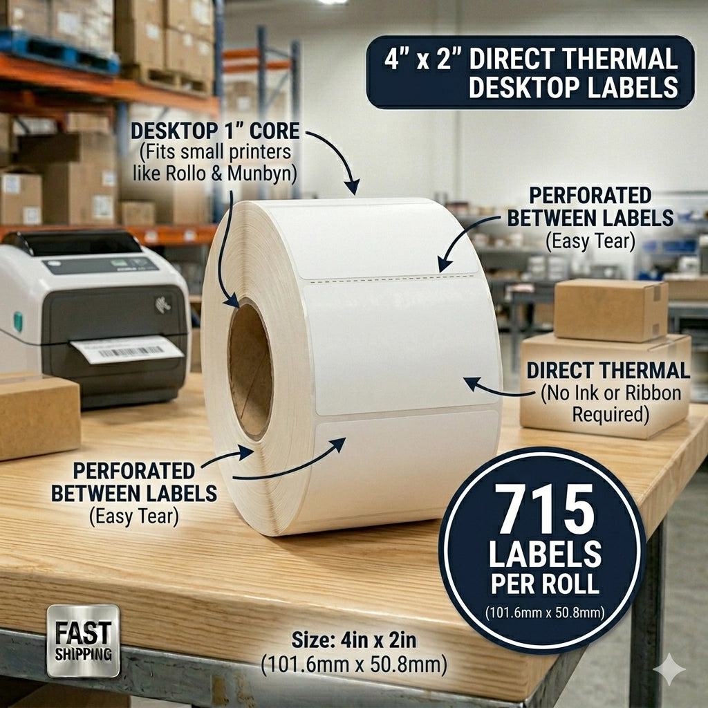 Étiquette Thermique Directe 4x2 po pour Imprimante de Bureau - 715 Étiquettes | Mandrin de 1 po | Aucun Ruban Requis