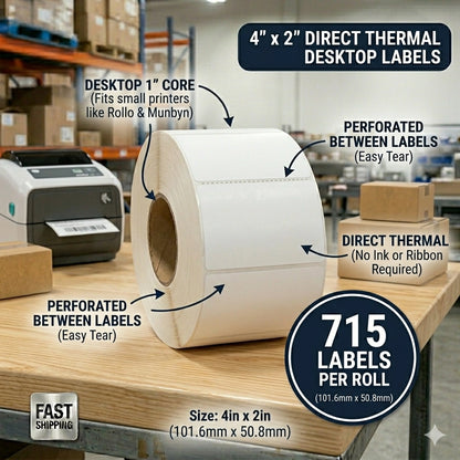 Étiquette Thermique Directe 4x2 po pour Imprimante de Bureau - 715 Étiquettes | Mandrin de 1 po | Aucun Ruban Requis