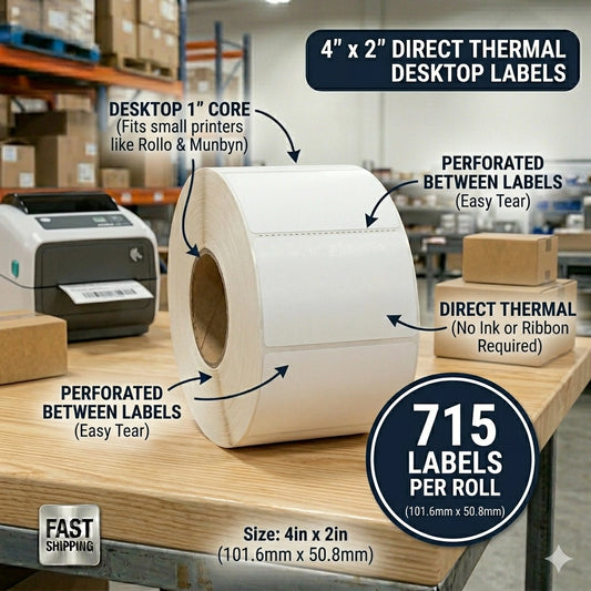 Étiquette Thermique Directe 4x2 po pour Imprimante de Bureau - 715 Étiquettes | Mandrin de 1 po | Aucun Ruban Requis