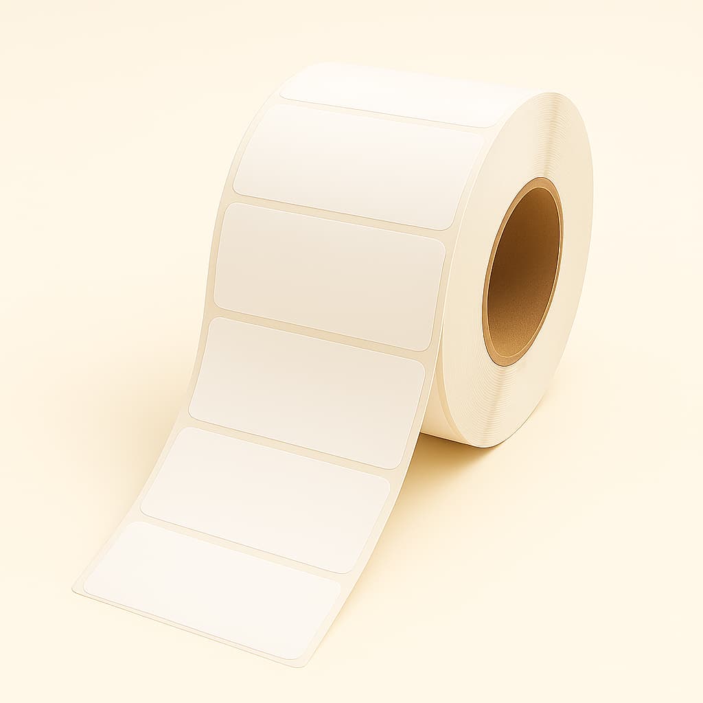 Large roll of 2,875 white 4x2 inch direct thermal labels on an industrial 3-inch core, requiring no ribbon for printing.