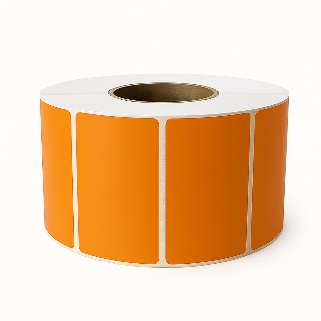 Roll of 2,875 orange 4x2 inch thermal transfer labels on a 3-inch core for industrial barcode and inventory printing.