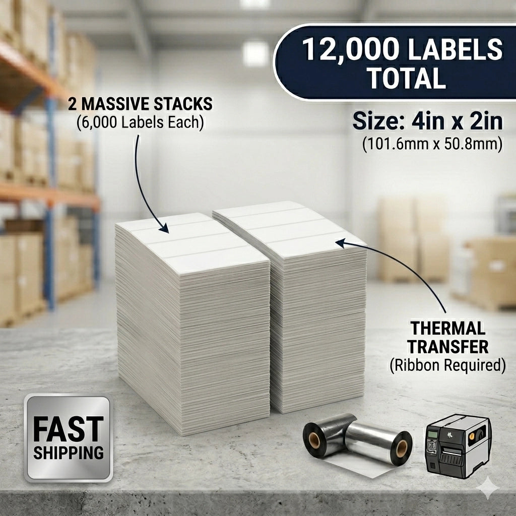 Bulk case containing two stacks of 6,000 4x2 inch thermal transfer fanfold labels, designed for continuous high-volume printing.