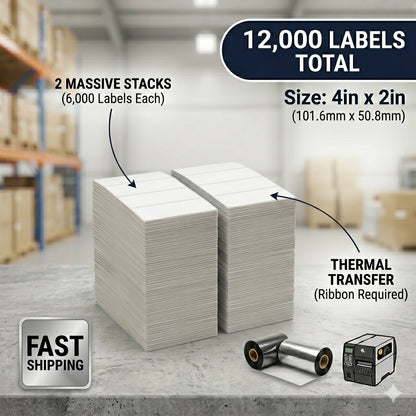 Bulk case containing two stacks of 6,000 4x2 inch thermal transfer fanfold labels, designed for continuous high-volume printing.