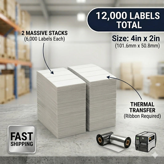 Bulk case containing two stacks of 6,000 4x2 inch thermal transfer fanfold labels, designed for continuous high-volume printing.