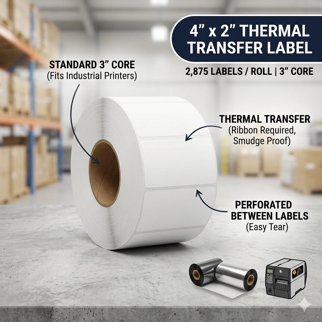 Single roll of 2,875 white 4x2 inch thermal transfer labels on an industrial 3-inch core, requiring a ribbon.