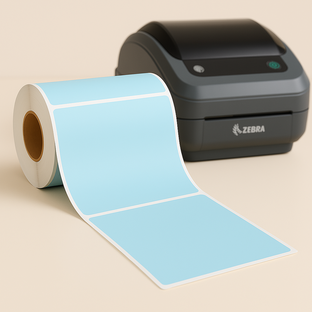 Small desktop roll of colored 4x4 direct thermal labels in yellow, blue, and red on a 1-inch core.