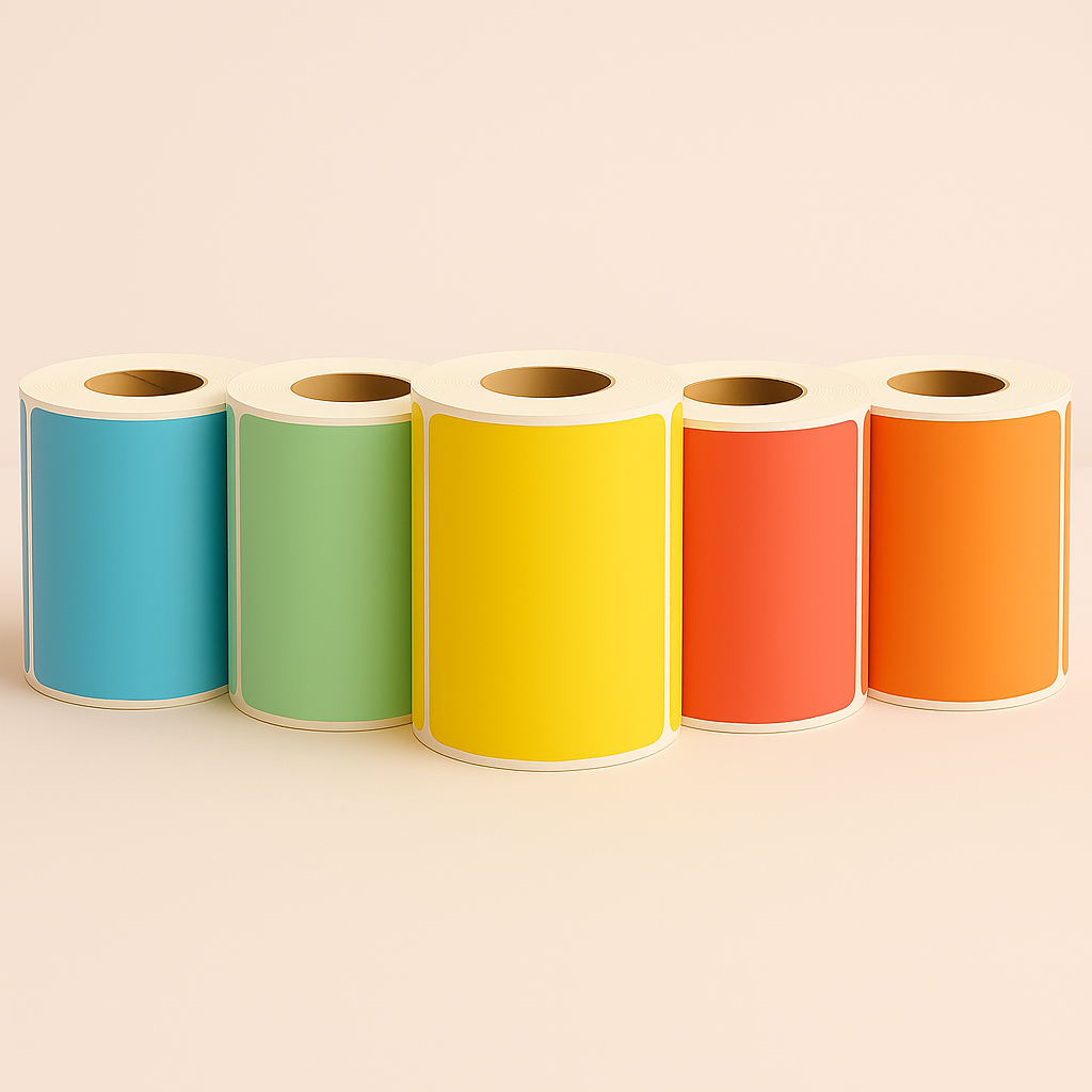 Industrial rolls of colored 4x4 thermal transfer labels in yellow, blue, and red on 3-inch cores.