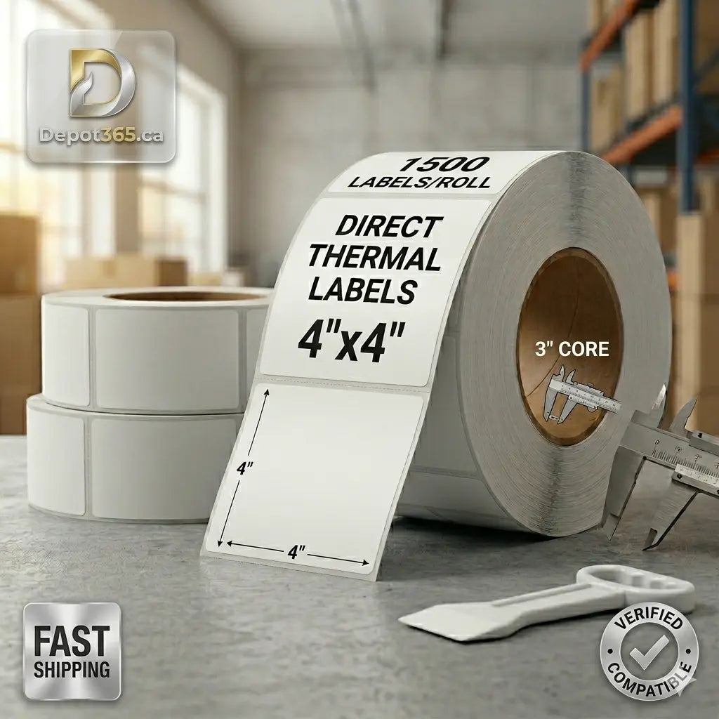 Large industrial roll of 4x4 inch white direct thermal labels on a 3-inch core, 1500 labels per roll. No ribbon required.