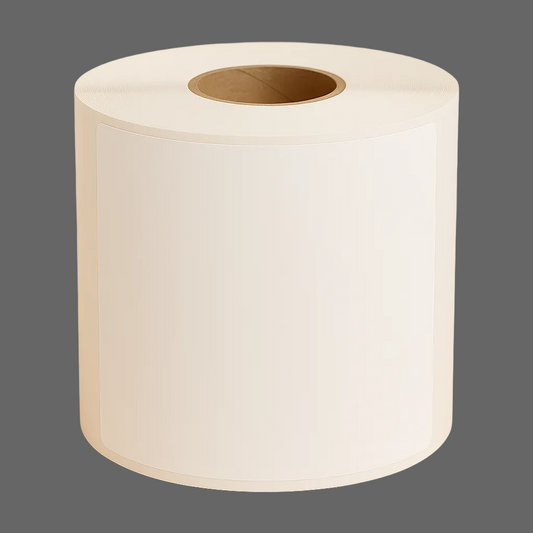 Roll of 4x6 inch white direct thermal shipping labels on a 1-inch core for desktop barcode printers.