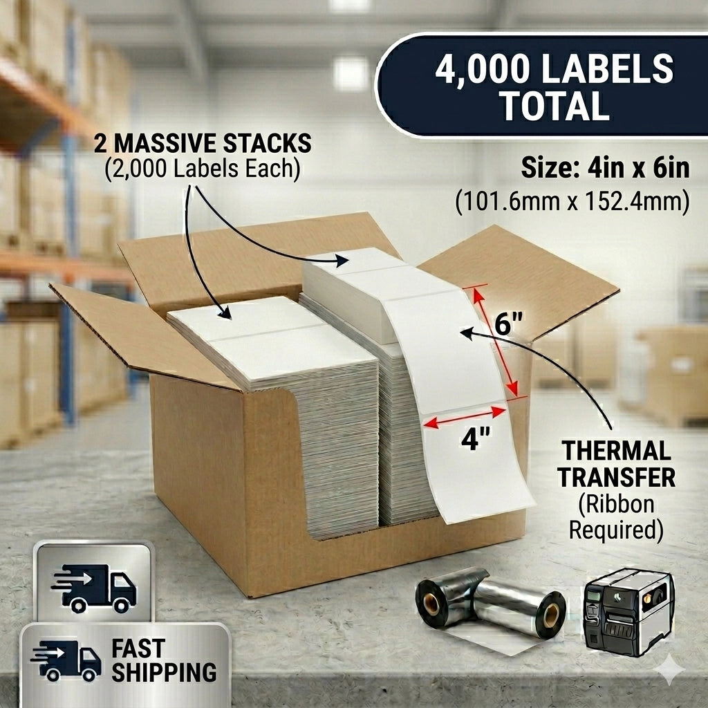 Industrial case containing two stacks of 2,000 4x6 inch thermal transfer fanfold labels for high-speed continuous printing.
