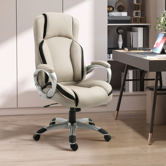 Executive PU Leather Office Chair – Height Adjustable, Ergonomic Swivel with Double Padding – Greige & Black