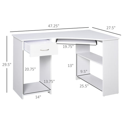 L-Shaped Corner Computer Desk with 2 Storage Shelves, Keyboard Tray, Drawer & CPU Stand – White