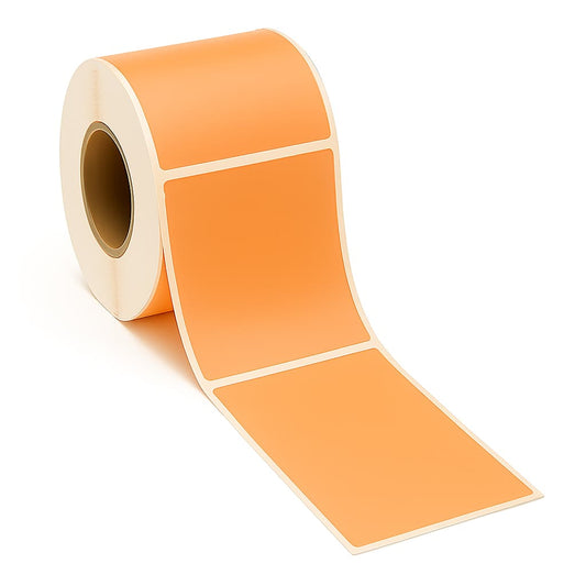 Roll of orange thermal transfer labels 4x6 on a white background