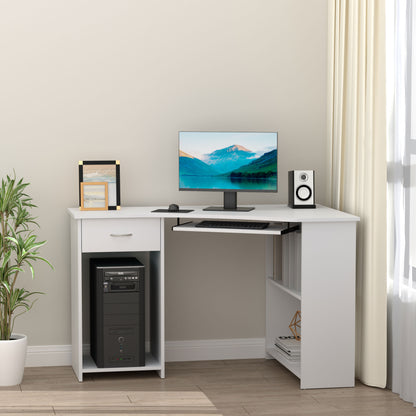 L-Shaped Corner Computer Desk with 2 Storage Shelves, Keyboard Tray, Drawer & CPU Stand – White