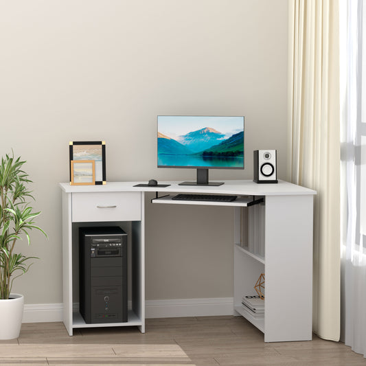 L-Shaped Corner Computer Desk with 2 Storage Shelves, Keyboard Tray, Drawer & CPU Stand – White
