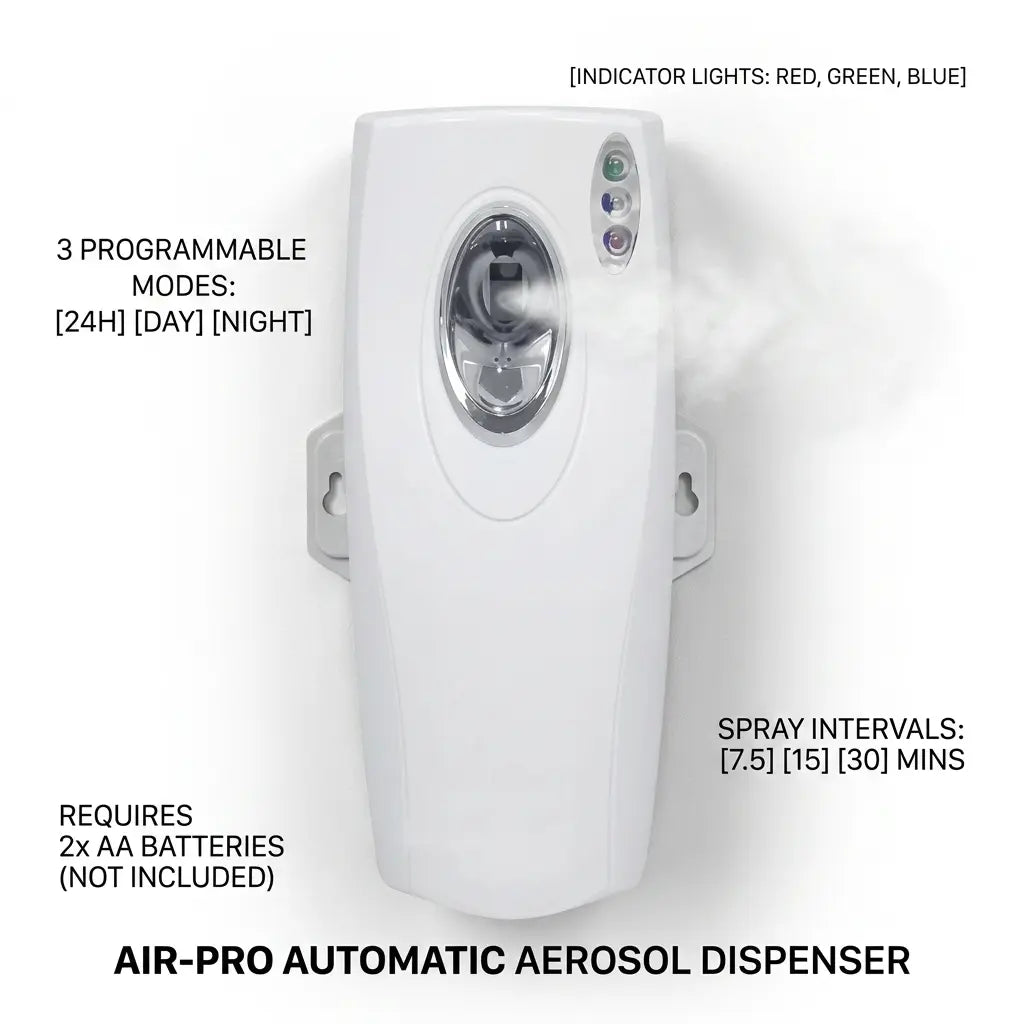 Air-Pro automatic aerosol air freshener dispenser in white commercial grade casing