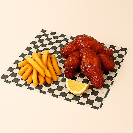 Barbecue chicken wings glazed in sauce with golden fries and a lemon wedge, served on black and white checkered paper against a neutral background.