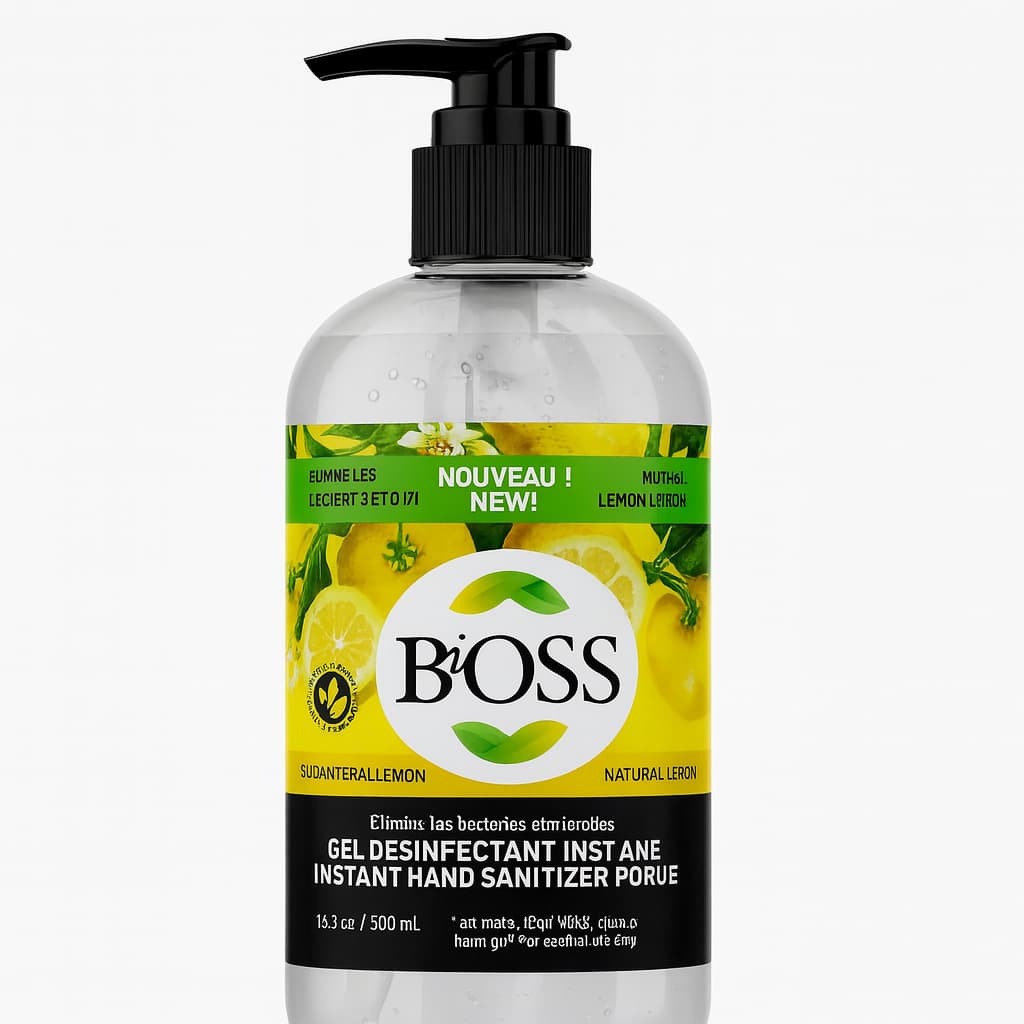 Bioss 500ml pump bottle of 75% alcohol hand sanitizer gel with lemon scent. Health Canada approved sanitizer for office and industrial use. Available at Depot365 Montreal.