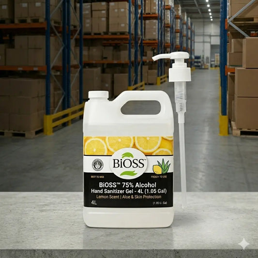 4-liter jug of BiOSS 75% alcohol hand sanitizer gel with a pre-installed industrial dispensing pump, ready for immediate workplace use.