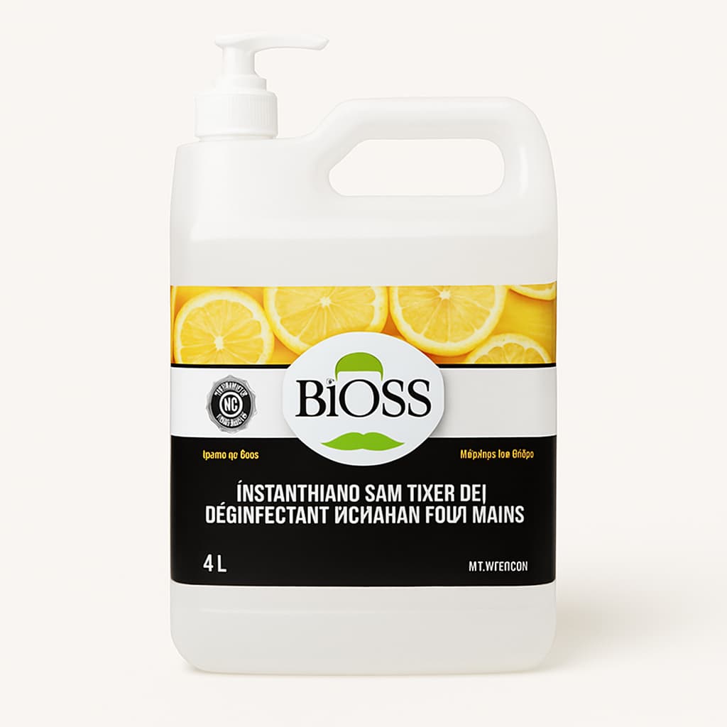 4-liter jug of BiOSS 75% alcohol hand sanitizer gel featuring an installed industrial dispensing pump.