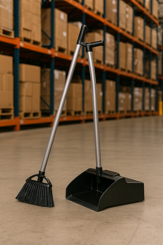 Black Lobby Broom and Dust Pan Set – Standing Upright – Commercial Grade - Depot 365 