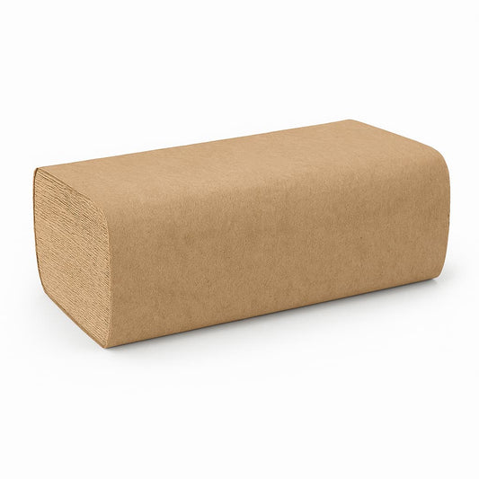 Stack of brown interfold recycled paper towels on a white background, ideal for commercial dispensers in restrooms or kitchens. Eco-friendly and shop-ready for hygiene supply listings.