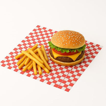a cheeseburger and French fries served on red and white checkered paper, styled on a white background. Ideal for showcasing food presentation, packaging, or picnic-themed products.
