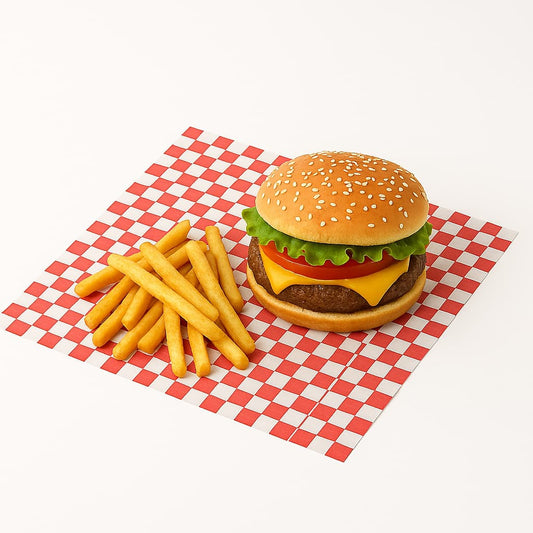 a cheeseburger and French fries served on red and white checkered paper, styled on a white background. Ideal for showcasing food presentation, packaging, or picnic-themed products.