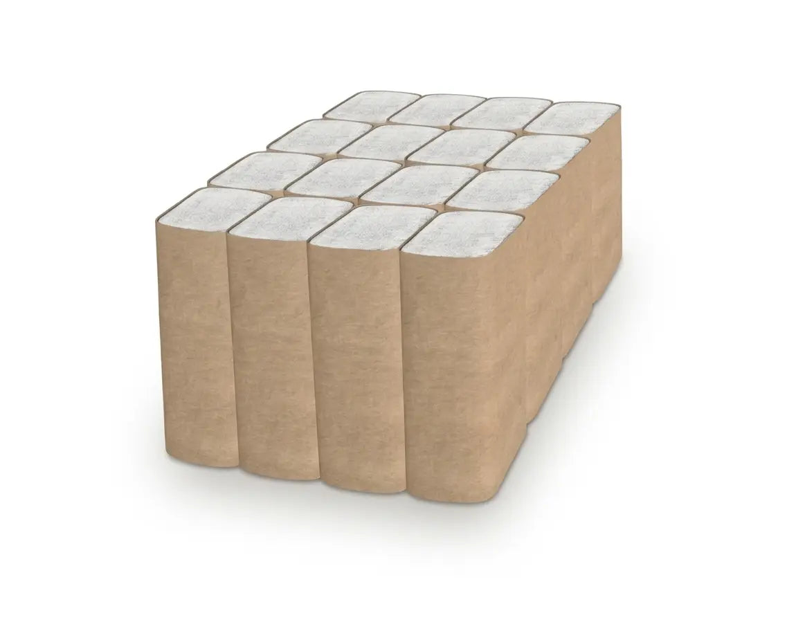 Studio photograph of Cascades PRO Select H170 1-ply white multifold paper towels with stacked open towels and a retail sleeve packaging isolated on a white background.
