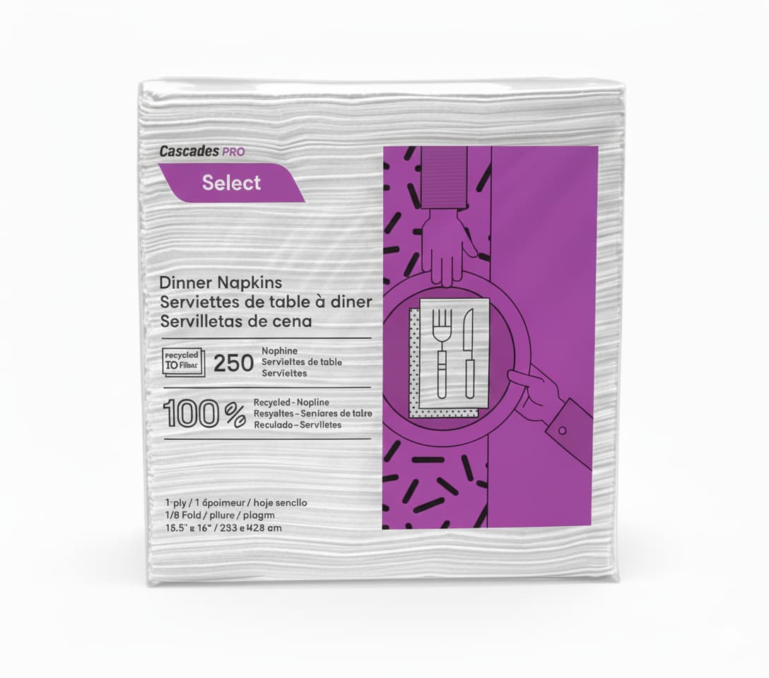 Cascades PRO Select N050 white dinner napkins, 1-ply, 1/8-fold, 250 per pack, 12 packs per case.