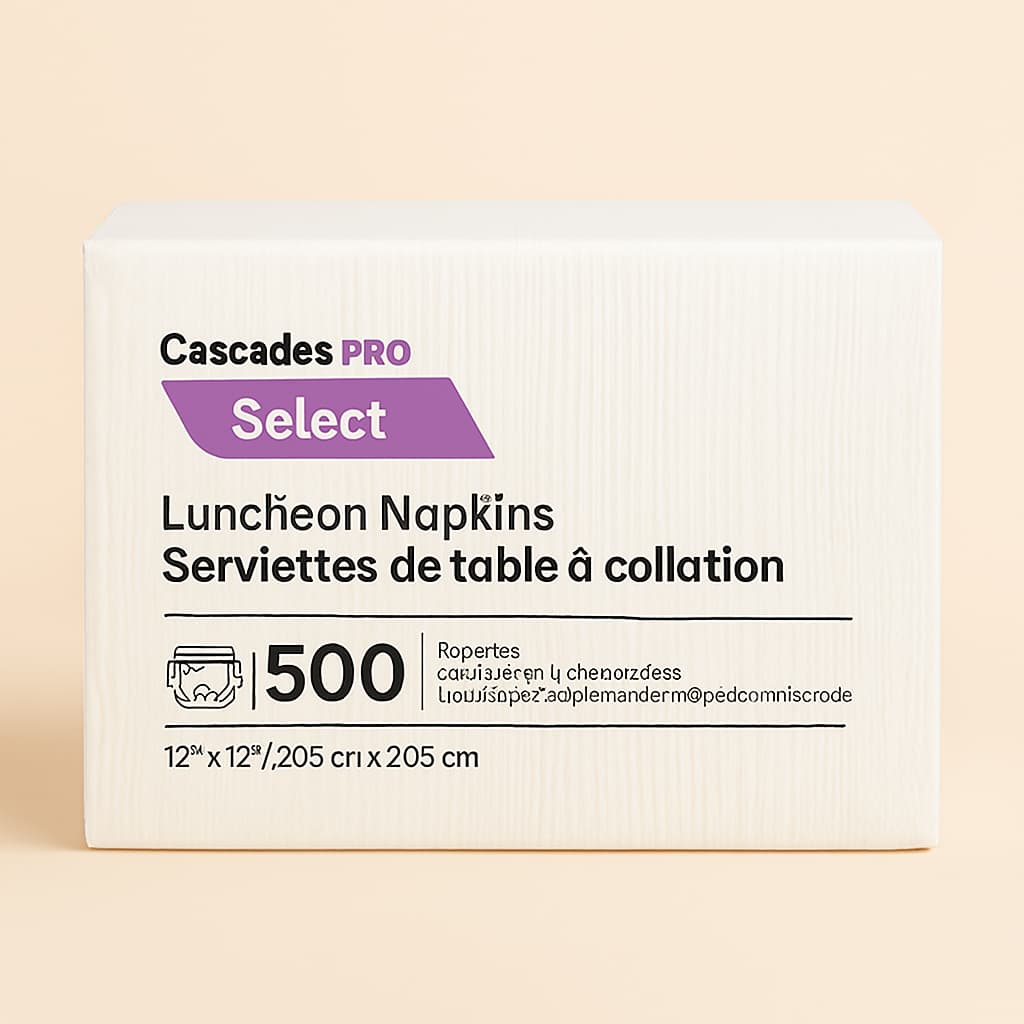 Cascades PRO Select 1-ply luncheon napkins, 1/4-fold, 11.5 x 12.5 inches, 6,000 napkins per case, 100% recycled fiber

