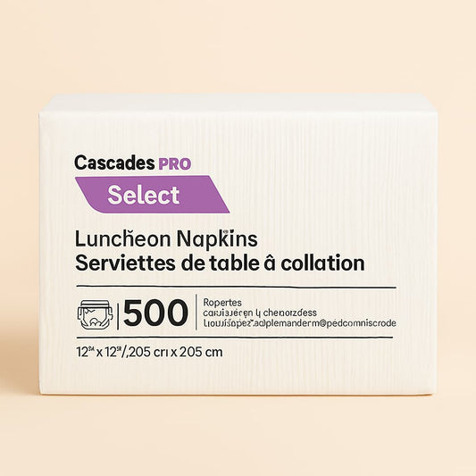Cascades PRO Select 1-ply luncheon napkins, 1/4-fold, 11.5 x 12.5 inches, 6,000 napkins per case, 100% recycled fiber
