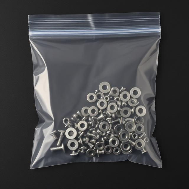 Clear 10x12 inch reclosable poly bags with 4 mil heavy duty thickness. Large industrial bags shown containing a technical manual and metal hardware. Bulk shipping supplies by Depot365.