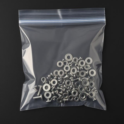 Clear 10x12 inch reclosable poly bags with 4 mil heavy duty thickness. Large industrial bags shown containing a technical manual and metal hardware. Bulk shipping supplies by Depot365.