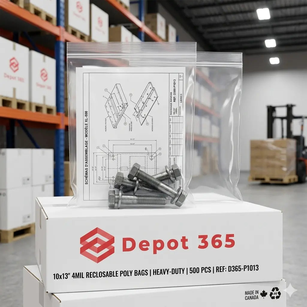 Clear 10x13 inch reclosable poly bags (4 mil thickness) from Depot365, filled with large blueprints and heavy metallic hex bolts. Extra-large heavy-duty puncture-resistant bags for industrial manuals and apparel. Bulk shipping supplies from Montreal and Laval.