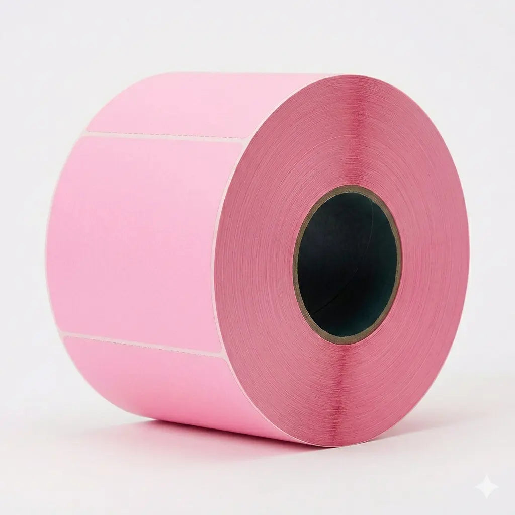 Large industrial roll of 1,000 pink 4x6 thermal transfer shipping labels with a 3 inch core and 8 inch outer diameter. High-volume branding labels for Zebra ZT411 industrial printers. Depot365 Montreal and Laval. Requires thermal transfer ribbon. Premium, perforated pink labels for boutique e-commerce unboxing.