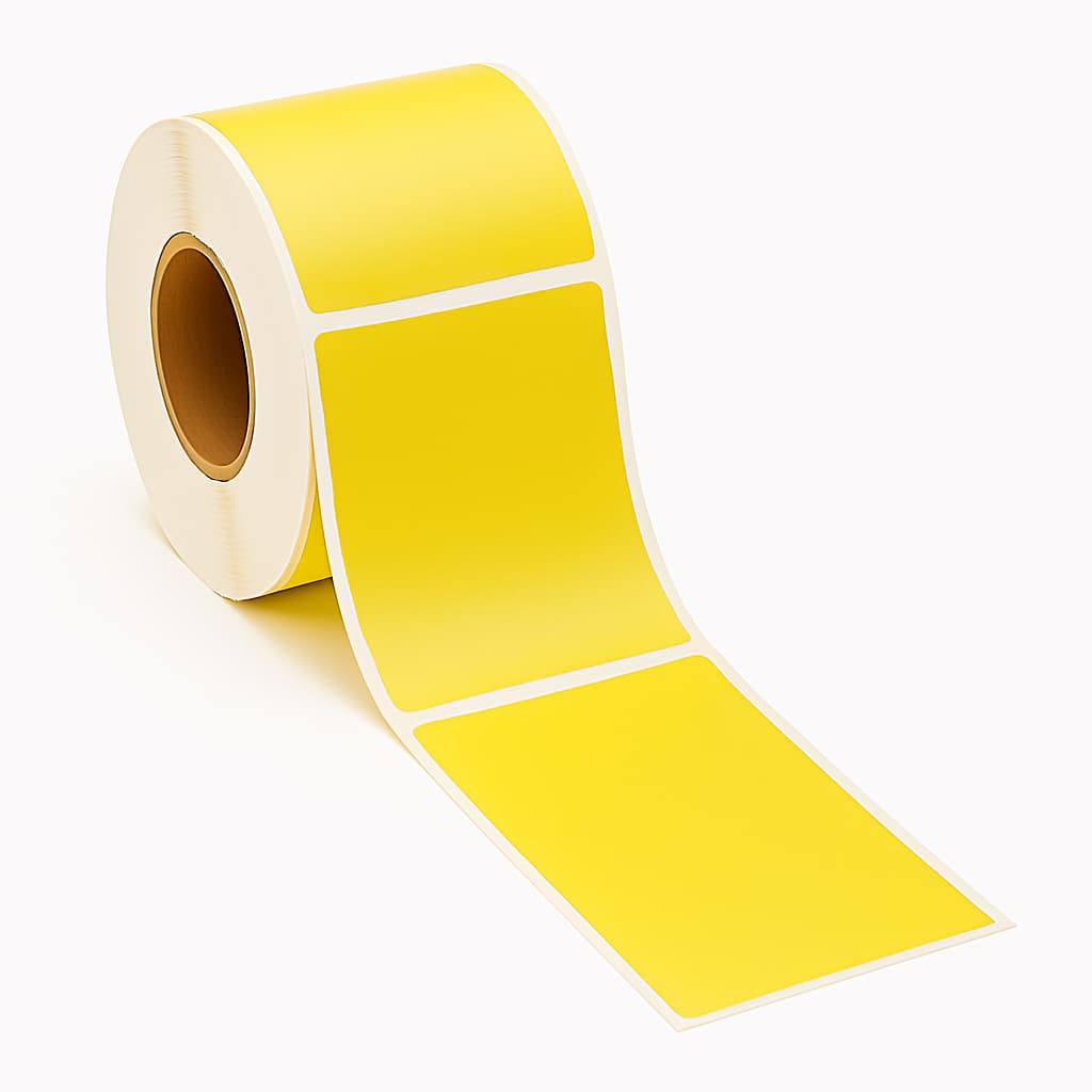 Industrial roll of 1,000 yellow 4x6 thermal transfer labels with 3 inch core. High-visibility safety and priority shipping labels for Zebra industrial printers. Available at Depot365 Montreal.