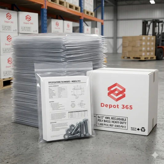 Clear 9x12 inch reclosable poly bags with 4 mil heavy duty thickness. Snug fit for 8.5x11 technical manuals and industrial hardware. Bulk shipping supplies from Depot365 Montreal.