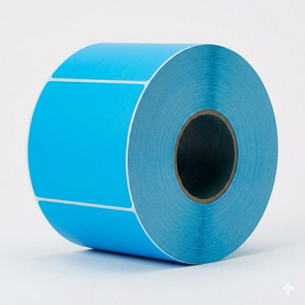Étiquettes de transfert thermique bleues 4x6 industrielles. 1000 par rouleau, mandrin 3". Idéal pour le codage couleur en entrepôt. Stock à Montréal/Laval. Requiert ruban.