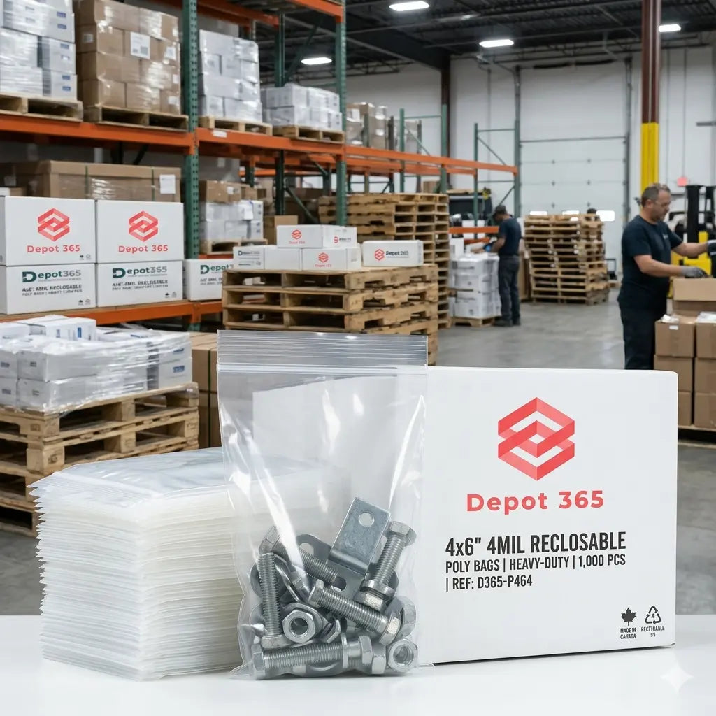 Une pile de sacs en polyéthylène transparents robustes (4 mil), 4x6 pouces, remplis de quincaillerie industrielle (boulons, écrous) de Depot365. Emballage d'outils et de pièces pour entrepôts et fabrication. Fournitures d'expédition en gros à Montréal.