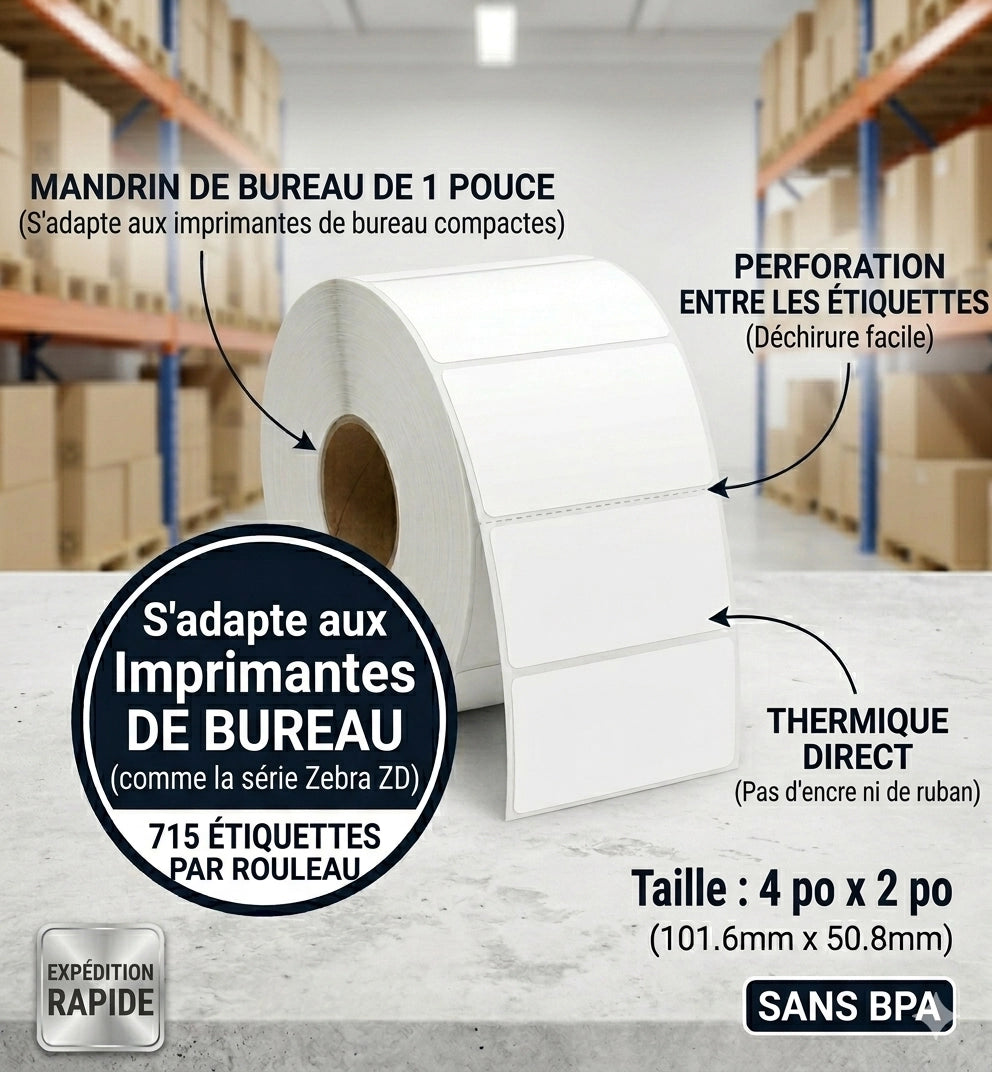 Rouleau individuel d'étiquettes thermiques directes 4x2 pouces avec mandrin de 1 pouce pour imprimantes Zebra, Rollo et Munbyn.