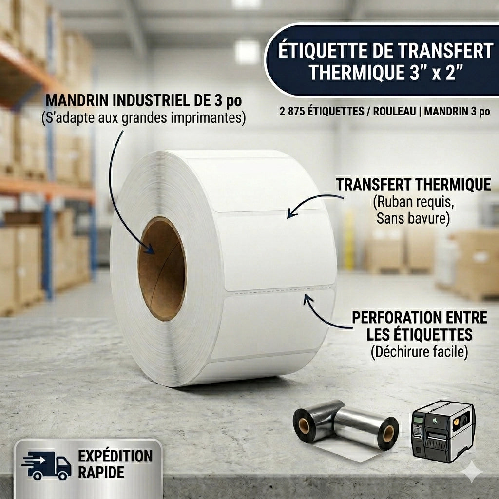 Rouleau de format industriel contenant 2 875 étiquettes de transfert thermique blanches 3x2 pouces sur mandrin de 3 pouces.