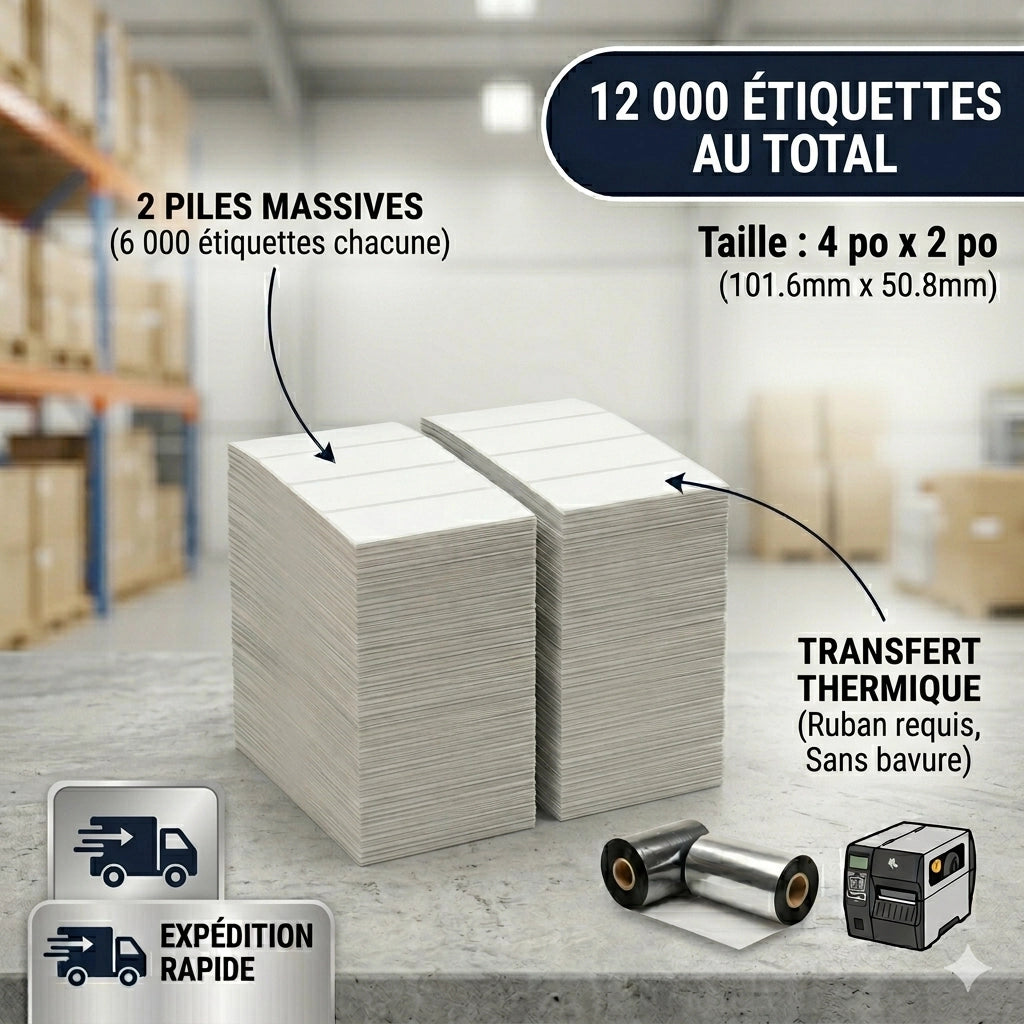 Caisse de 12 000 étiquettes de transfert thermique 4x2 pouces en accordéon (fanfold) composées de deux piles de 6 000 pour impression industrielle continue.