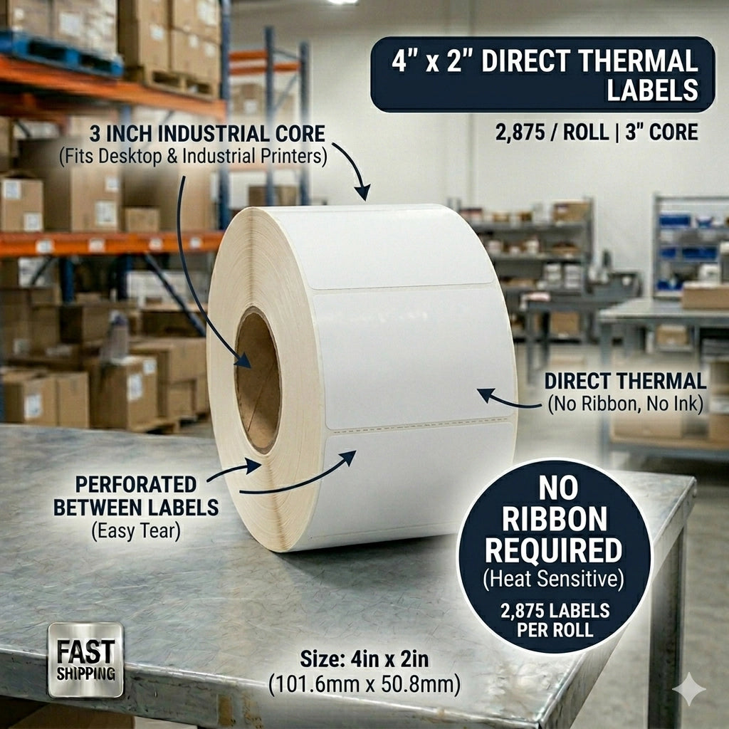 Gros rouleau de 2 875 étiquettes thermiques directes blanches de 4x2 pouces sur mandrin industriel de 3 pouces, ne nécessitant aucun ruban pour l'impression.