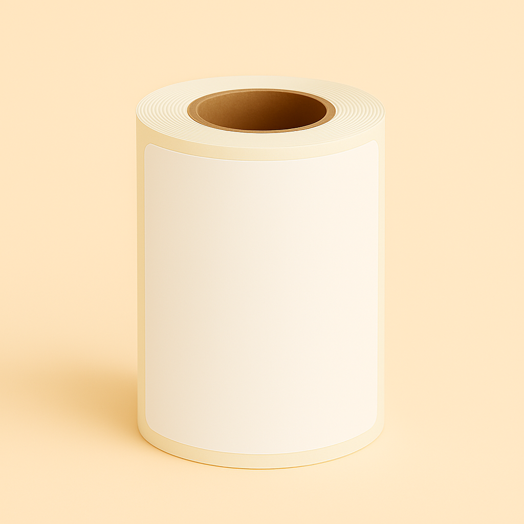 Rouleau d'étiquettes thermiques directes blanches 4x4 pouces avec noyau de 0,75 pouce pour imprimantes compactes sur un bureau en béton dans un entrepôt. Logo Depot365.ca visible.