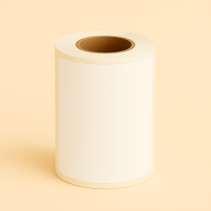Rouleau d'étiquettes thermiques directes blanches 4x4 pouces avec noyau de 0,75 pouce pour imprimantes compactes sur un bureau en béton dans un entrepôt. Logo Depot365.ca visible.