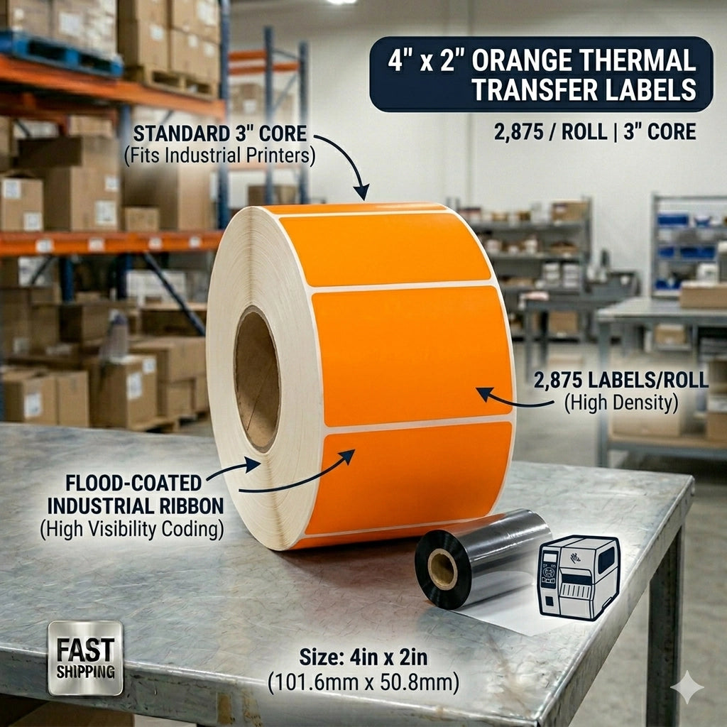 Rouleau de 2 875 étiquettes de transfert thermique orange 4x2 pouces sur mandrin de 3 pouces pour impression industrielle de codes-barres.
